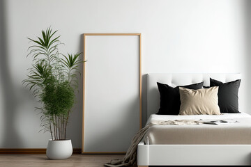 Leaning picture frame in minimalist bedroom interior design. Generative AI