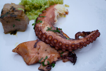 Portuguese Polvo A Lagareiro grilled octopus with baked fingerling potatoes. Grilled tentacle octopus with roasted vegetables.Cooked octopus.