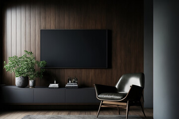 Visualize a wall mounted TV and a chair in a dim space with a dark wood wall. Generative AI