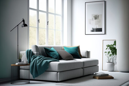 Modern room design with sleeper sofa next to white wall. Additional guest space. Generative AI