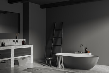Grey bathroom interior with bathtub and sink. Mockup empty wall