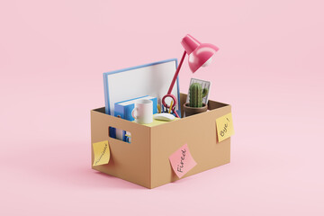 Cardboard box with office tools of an employee - obrazy, fototapety, plakaty