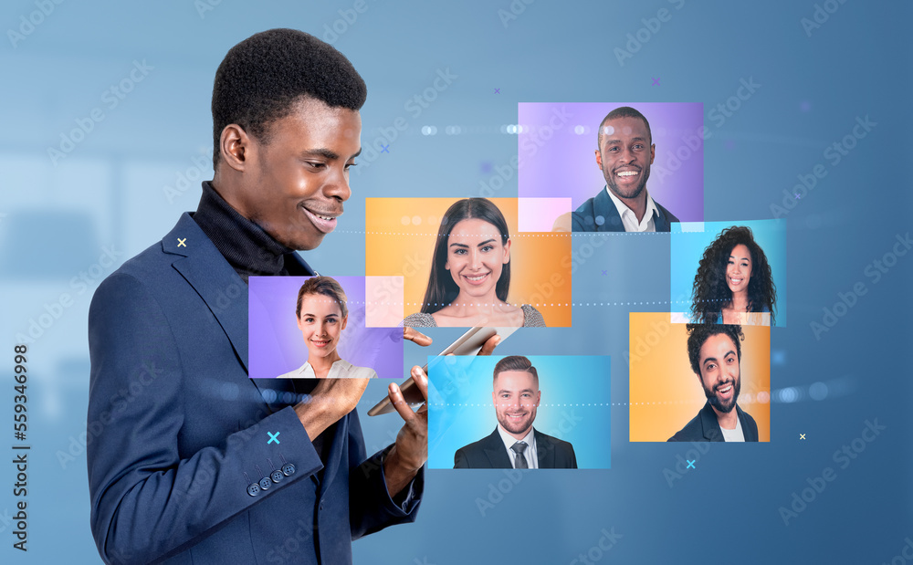 Poster African American businessman holding tablet device with online v