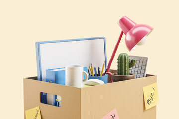 Cardboard box with office supplies of an employee