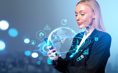Businesswoman using phone, earth sphere and digital web icons