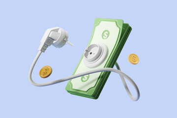 White electrical cord and dollar banknote with socket - obrazy, fototapety, plakaty