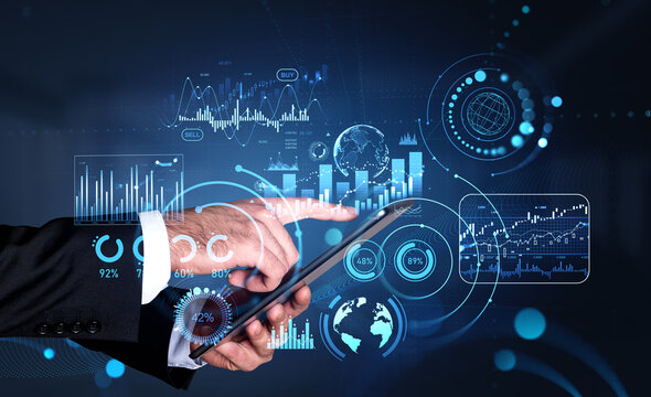 Businessman finger touch tablet, forex graph chart with data statistics