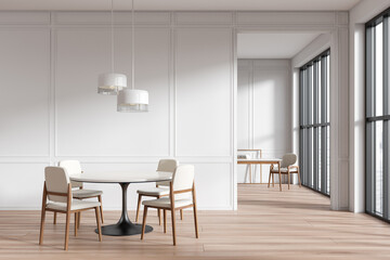 Fototapeta na wymiar Front view on bright dining room interior with armchairs, table