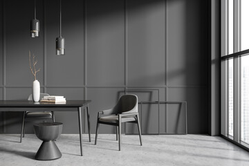 Front view on dark dining room interior with table, armchairs