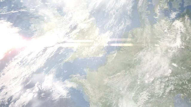 Earth zoom in from outer space to city. Zooming on Crawley, UK. The animation continues by zoom out through clouds and atmosphere into space. Images from NASA