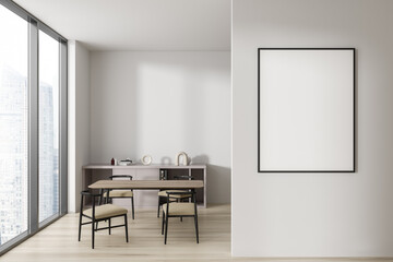 Light meeting room interior with table and seats, panoramic window. Mockup frame