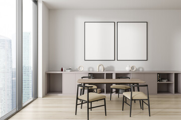 White living room interior with table and seats, panoramic window. Mockup frames
