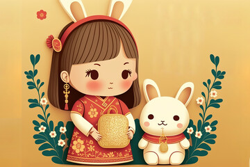 Obraz na płótnie Canvas 2023 Chinese new year, year of the rabbit greeting card design with a cute little bunny holding a bag of gold and a little girl wearing rabbit costume. Translation. Generative AI