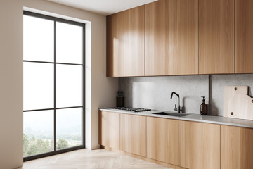 Corner view on bright kitchen room interior with panoramic window