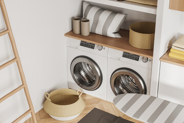Top view of stylish kitchen interior with washing machines in the corner