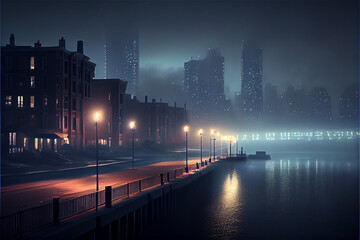 Fototapeta premium Big city at night with a lot of fog, generative ia