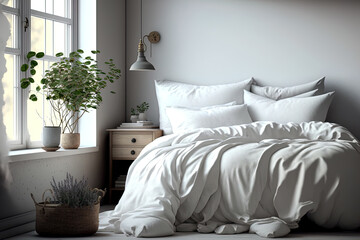 Fototapeta na wymiar White linen, a soft unmade bed, and a comfy cushion are all present. Bedding, a duvet, contemporary flats, and homey, unoccupied space. Good morning and welcome to this contemporary bedroom's daytime
