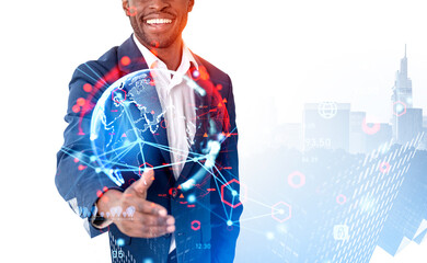 African businessman offer a handshake, glowing earth sphere and cityscape