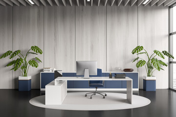 Naklejka premium Front view on bright office room interior with desktop