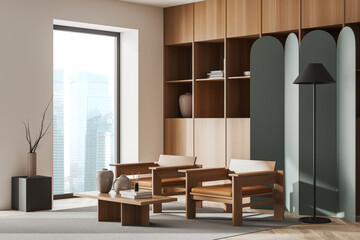 Corner view on bright living room interior with armchairs