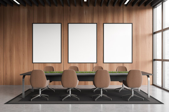 Modern office room interior with chairs, table and window. Mockup frames