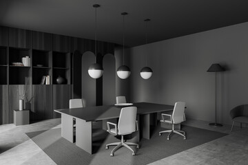 Corner view on dark office room interior with conference board