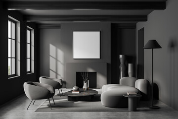 Naklejka premium Grey living room interior with sofa, armchair and fireplace, mockup frame