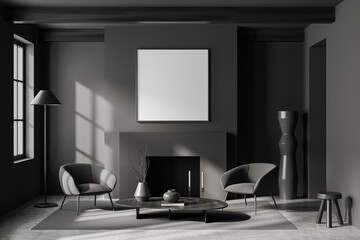 Grey living room interior with chairs and fireplace, mockup frame