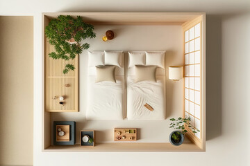 Japanese style bedroom with white and beige tones. Tatami mats, seats, and an area for zen meditation are all present. Top view of a minimalist interior design layout. Generative AI