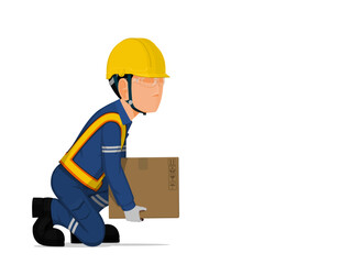 A worker is lifting a small box on the floor