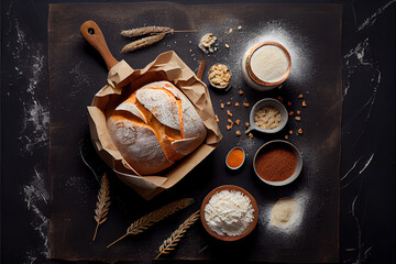 Fototapeta na wymiar Rustic bread flour sprinkled from the white paper on black chalkboard background. Generative AI