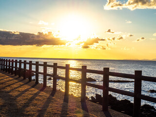 Obraz premium 伊豆大島のサンセットパームラインの万立浜から見る夕陽（東京都大島町） 