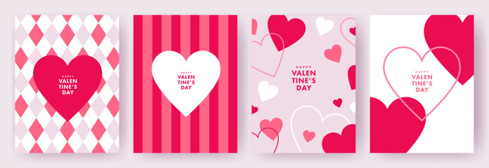 Happy Valentine's Day set of simple cards, banners or backgrounds with heart frame and pattern in modern flat style for decor, greetings, packaging, print, web, promo, sale - obrazy, fototapety, plakaty