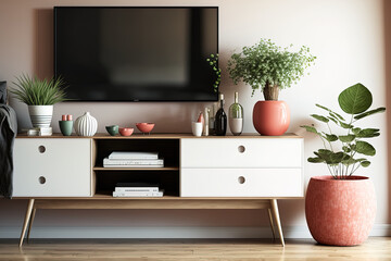 a TV cabinet in a contemporary room with decorations on a hardwood background with coral accents,. Generative AI