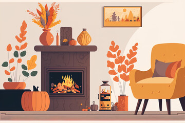 Interior of living room with fireplace and decorations for the fall. Generative AI