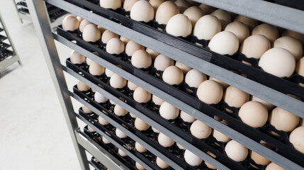 Chicken eggs in the trolley, are eggs that are ready to be hatched into the hatchery. temporary egg stock containers.
Process after grading  eggs on the  cool storage.
