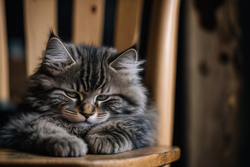 A gray, fluffy, tabby cat is seen in selective focus while perched on a wooden chair. Generative AI