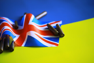 British and Ukrainian flags. Help of Great Britain to Ukraine in the military conflict. Western...