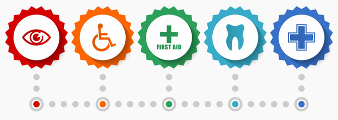 Hospital vector icons, medicine and healthcare flat design web badges collection, business infographic template