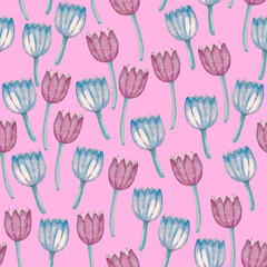 Watercolor folk flowers seamless pattern, wildflowers background, green leaves, ornamental backdrop, bluebells