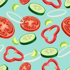 Sliced flying vegetables seamless pattern. Salad ingredients on the green background. Tomato, cucumber, onion and celery slices. Vector illustration.