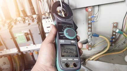 Electrian's hand is holding the multi meter or clamp meter near the electrical panel which has the concept of repairing and checking current electricity on the panel.selective focus tool being held.