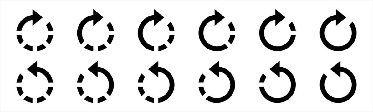Circle arrows icon. rewind or forward symbol. Arrow rotation, reload,  repeat, refresh, update, recycle, refuse, reuse, rewind, forward sign, vector illustration