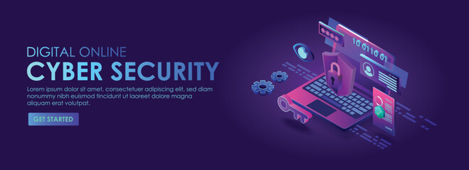 Fototapeta Cyber security digital online isometric illustrator obraz