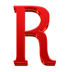 Red Gold 3D alphabet set, includes font or letters in uppercase and lowercase, numbers, punctuation marks, symbols, and frames.
