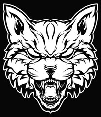 Angry cat isolated illustration image. Hand drawn face of wildcat. Tattoo and mascot art.