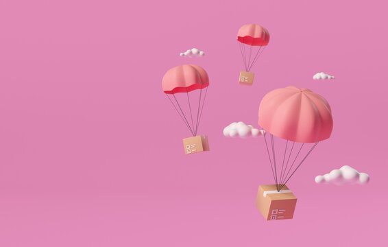 A pink parachute leapt down as it fluttered in the air as white clouds flew. 3d parachute design concept on pink background Air transport. 3d illustration