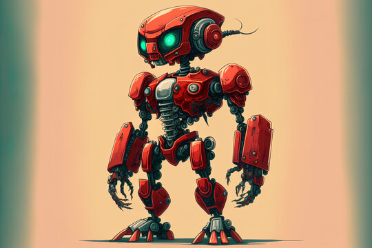 Cartoon image of a red friendly android robot creature standing without legs. Generative AI