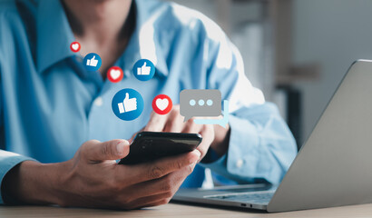 Man using smart phone with Social media. Concept of living on vacation and playing social media. Social media and digital online concept, Social Distancing, Working From Home concept.