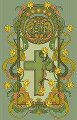 Happy Easter invitation card. Floral frame in art nouveau style, vector illustration